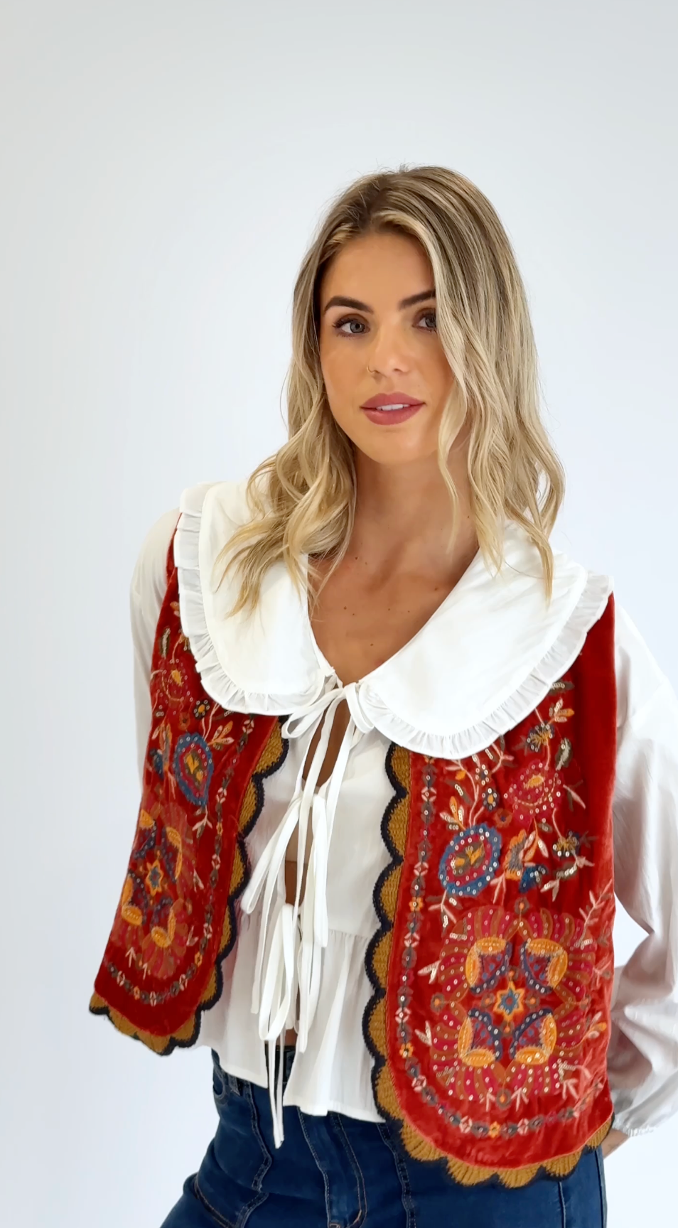 Folklore Embellished Vest with Crochet Trim in Red