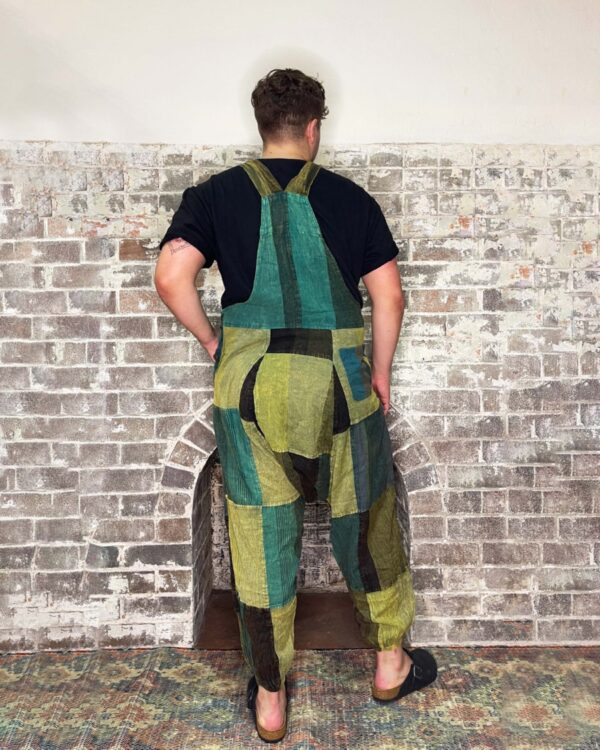 green patchwork overalls