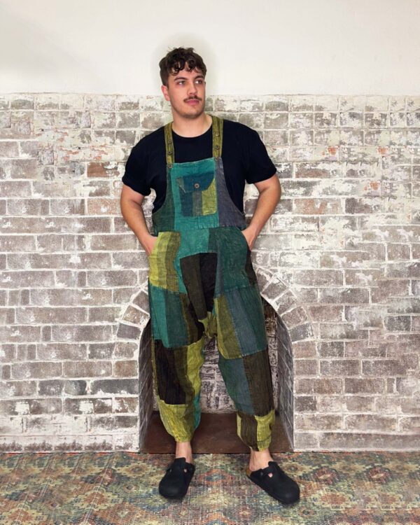 green patchwork overalls