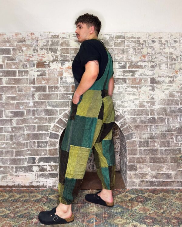 green patchwork overalls