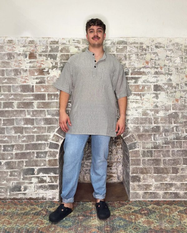 cream and charcoal striped cotton kurta shirt short sleeve