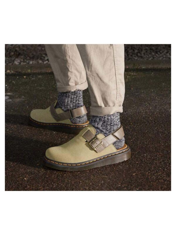 dr martens mule sandle jorge ii pale olive with socks