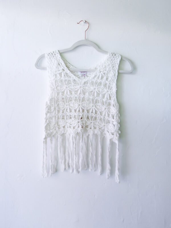 white crochet tassel top