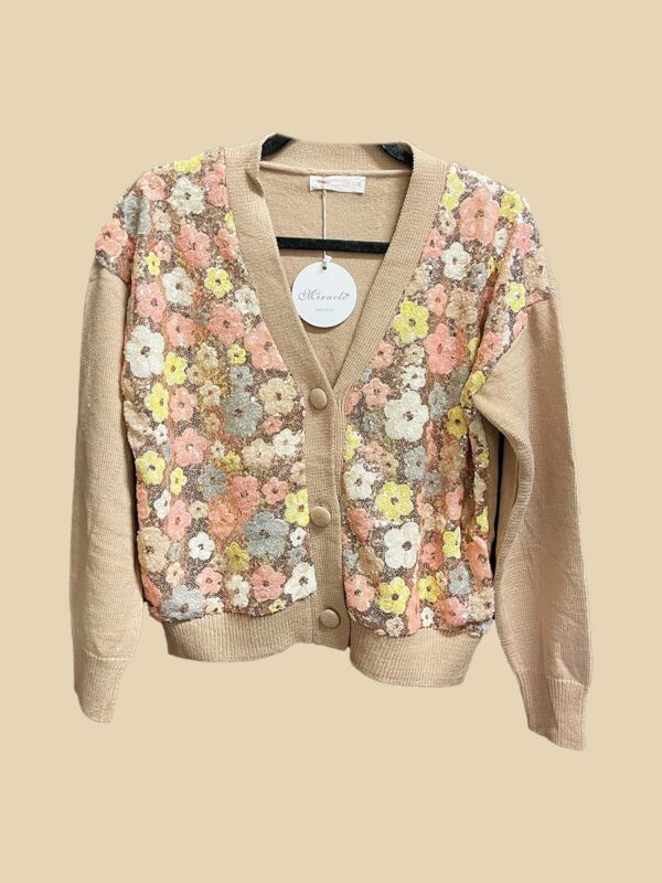 cropped beige cardigan with floral sequin embellishments