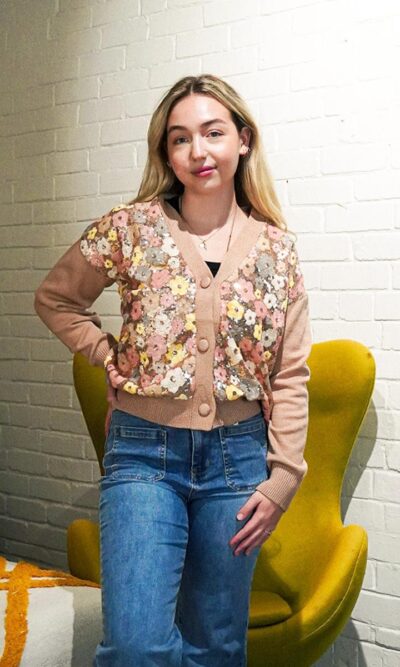 cropped beige cardigan with floral sequin embellishments