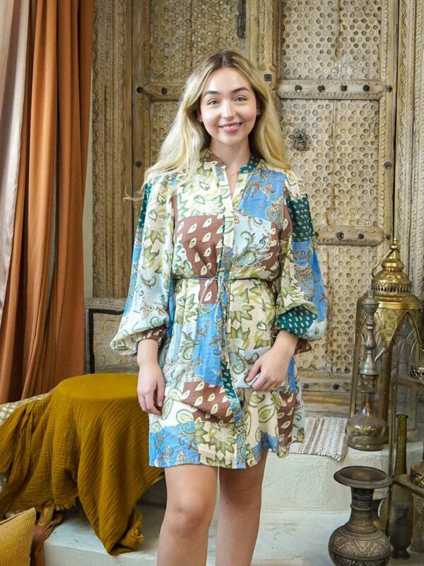 patchwork print mini dress with long sleeves and paisley pattern