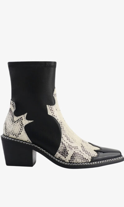 Black, leather, western-style, cowboy boots with beige snake print accents and low heels.