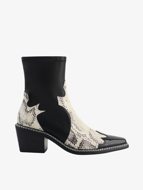 Black, leather, western-style, cowboy boots with beige snake print accents and low heels.