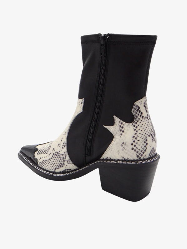 Black, leather, western-style, cowboy boots with beige snake print accents and low heels.