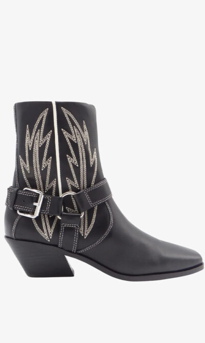 Black, leather, western-style, cowboy boots with white embroidered accents and low heels.