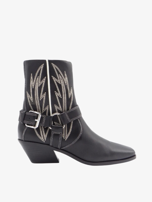 Black, leather, western-style, cowboy boots with white embroidered accents and low heels.