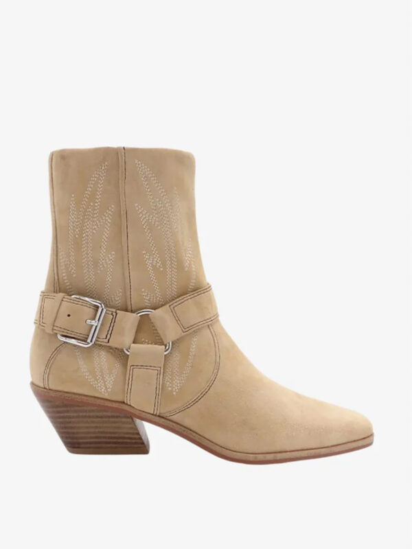 Light tan, suede, western-style, cowboy boots with white embroidered accents and low heels.