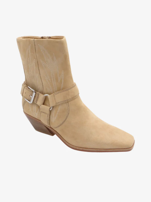 Light tan, suede, western-style, cowboy boots with white embroidered accents and low heels.