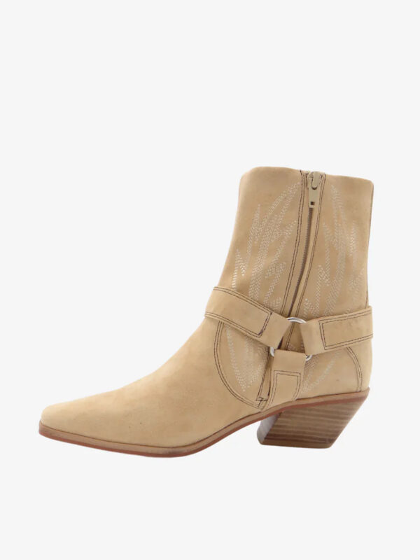 Light tan, suede, western-style, cowboy boots with white embroidered accents and low heels.