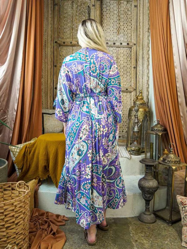 lavender-coloured dress with side splits, kimono style sleeves and a floral paisley pattern