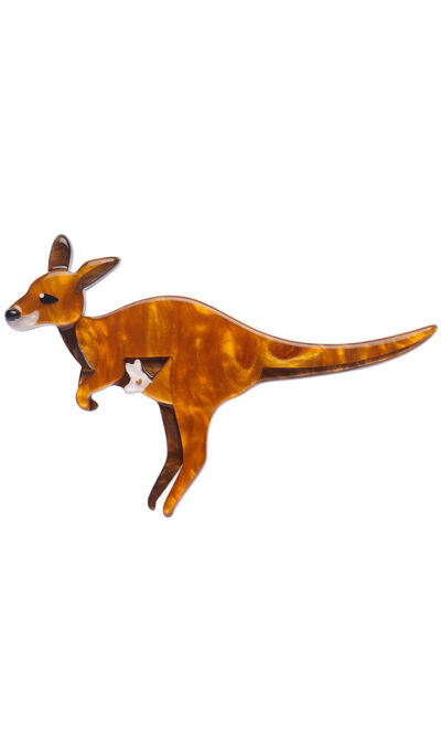 A woman's brooch depicts a bouncing kangaroo.