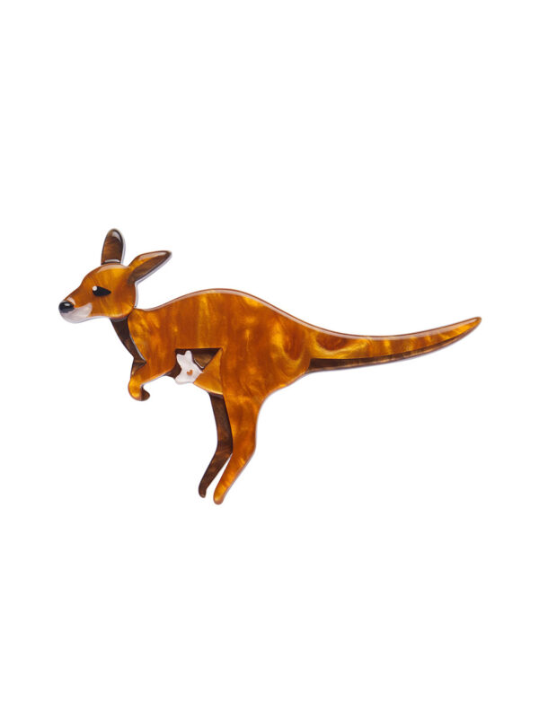 A woman's brooch depicts a bouncing kangaroo.