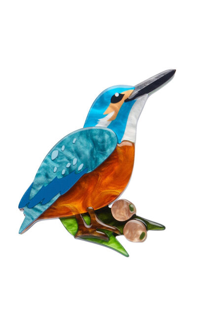 A woman's brooch depicts a kingfisher on a branch.