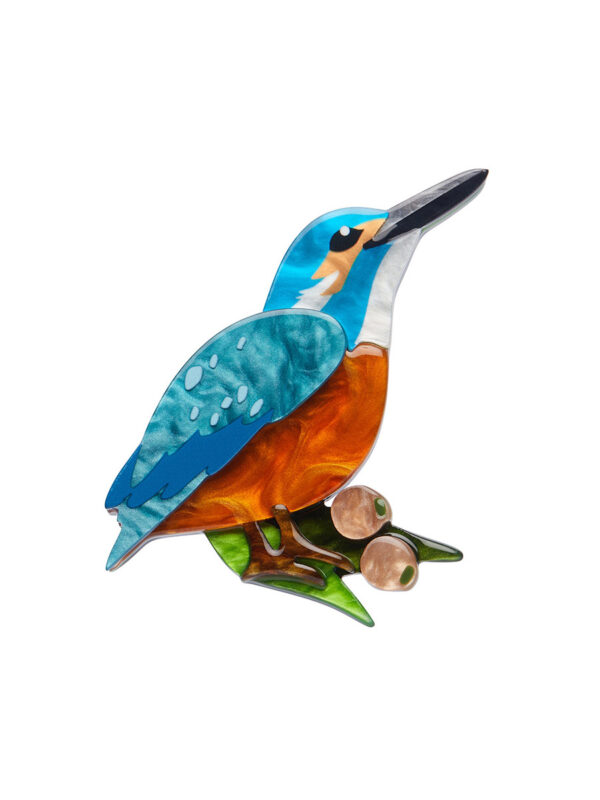 A woman's brooch depicts a kingfisher on a branch.