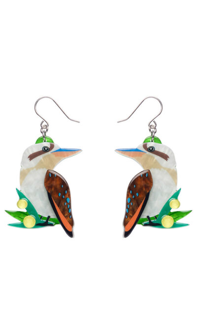 Woman's earrings depicting kookaburras on a branch.