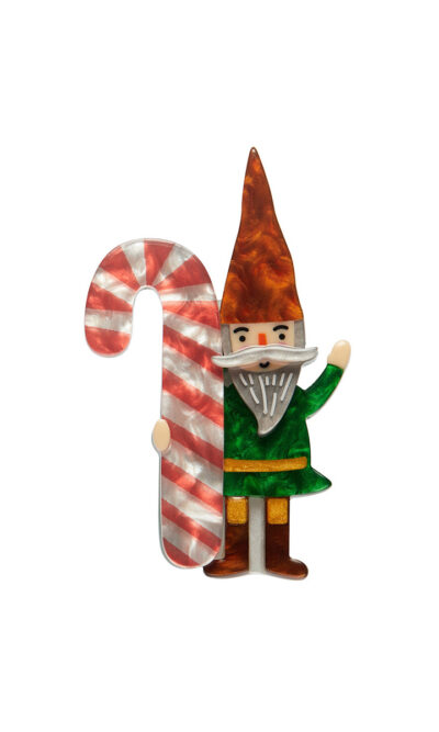 elf holding a large candy cane brooch