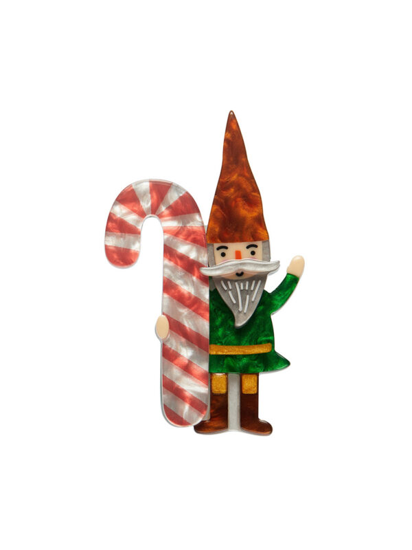 elf holding a large candy cane brooch